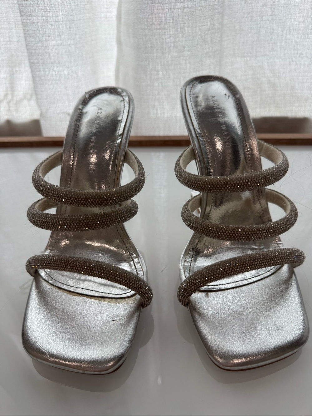 Azalea Wang Silver Beaded Strap Slide Heels